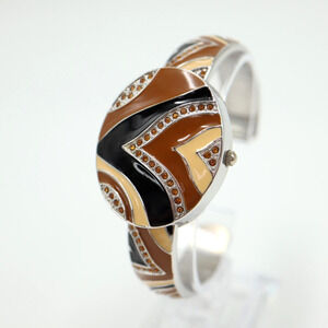 P.O.V. Watch Womens Silver Brown Tan Color Jewel Cuff Band Bracelet New Battery
